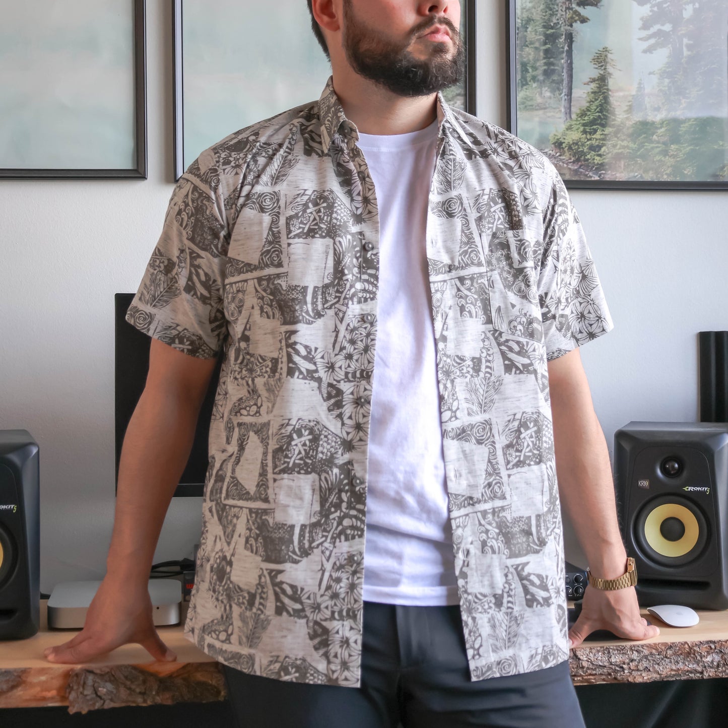 Grey and White Cotton Hand-print Half Sleeve Shirt - Men’s