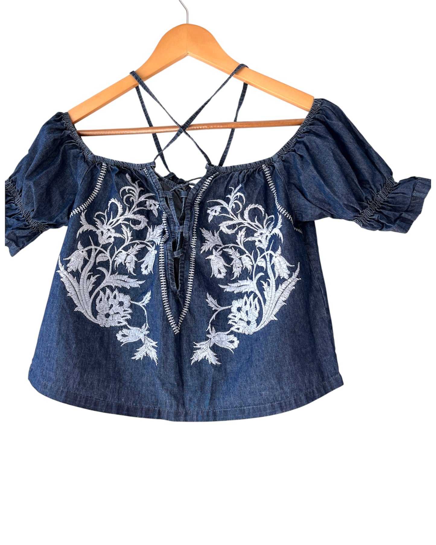 Off Shoulder Strappy Denim Embroidered Blouse