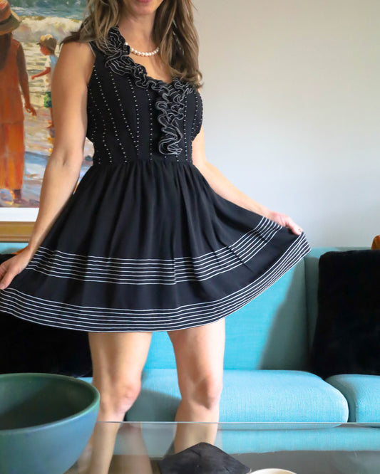 Kate Spade Black & White Silk Ruffle A Line Dress