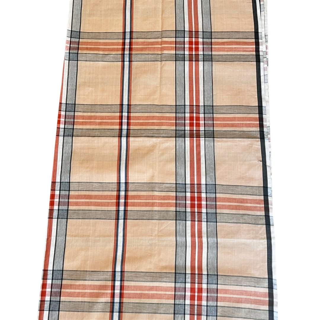 Handloom Lungi Fabric - Yarn Dyed - Brown Beige Plaid 100% Cotton