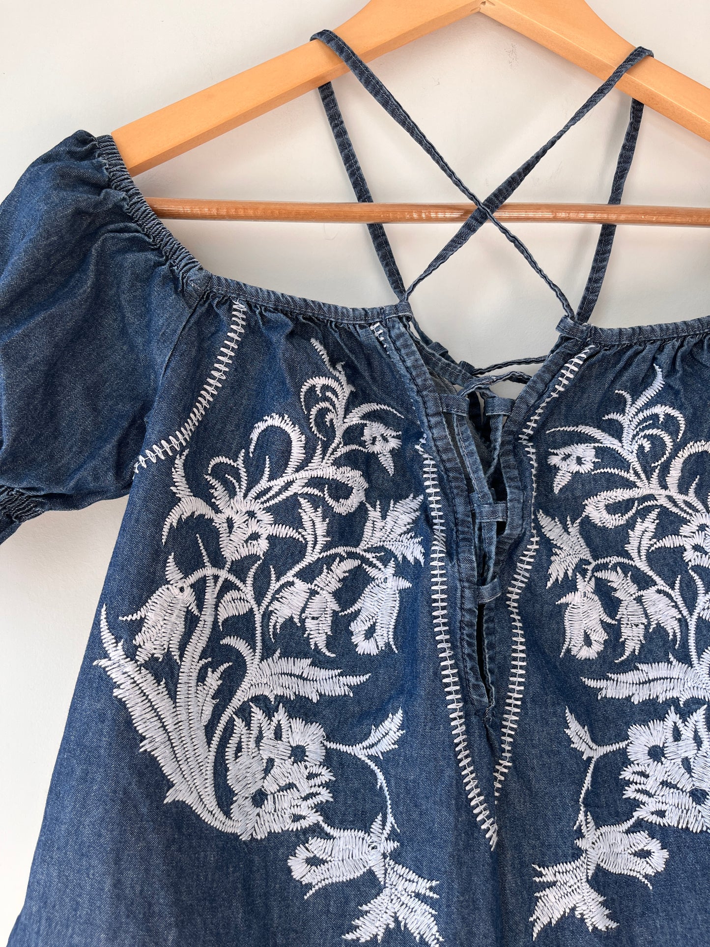 Off Shoulder Strappy Denim Embroidered Blouse