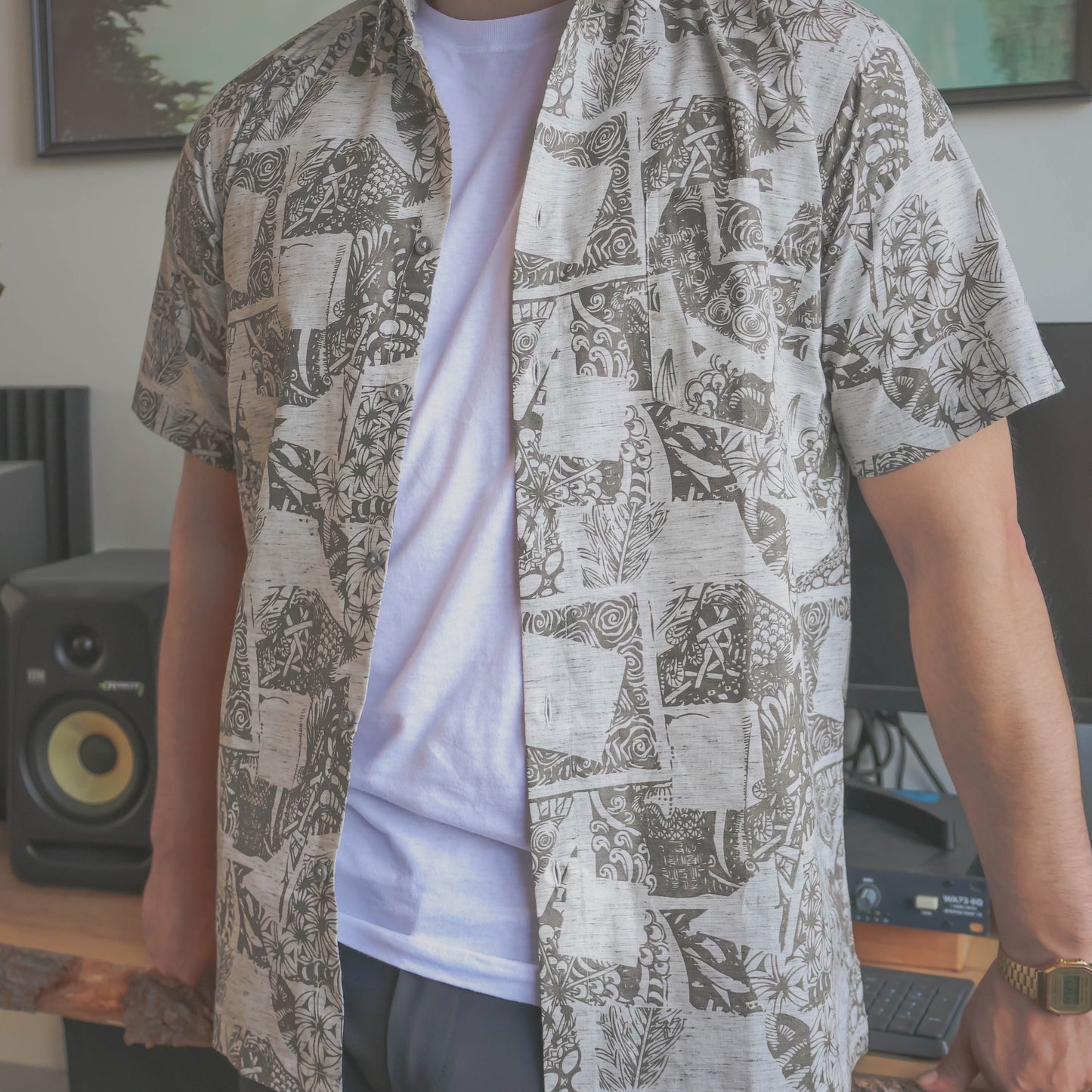 Grey and White Cotton Hand-print Half Sleeve Shirt - Men’s