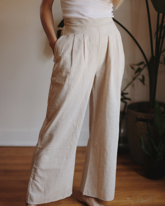 Wide Leg Linen Pants - Beige