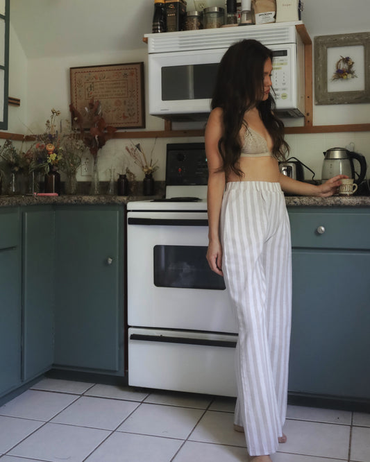 Striped Linen Lounge Pants - White and Beige (size L)