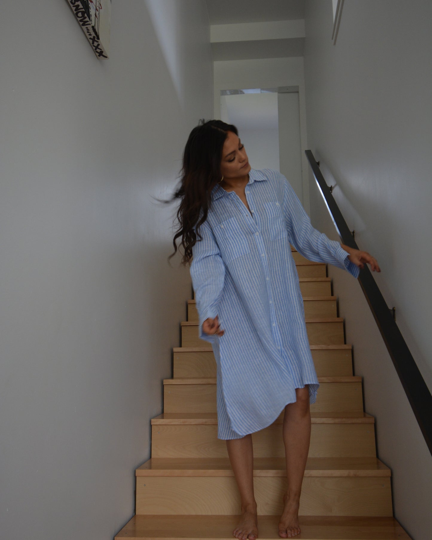 Akashi Linen Shirt Dress - Blue White Stripe