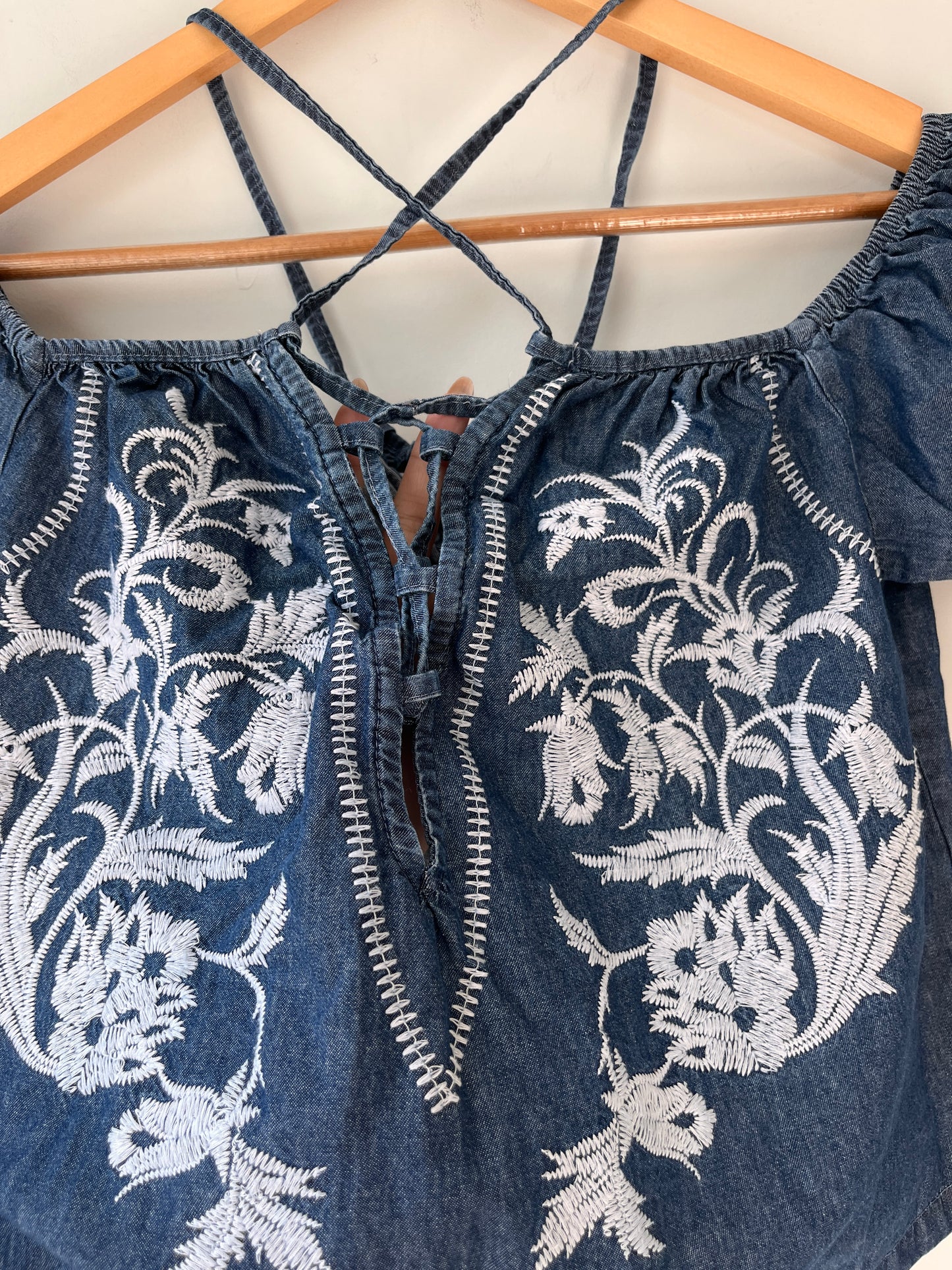 Off Shoulder Strappy Denim Embroidered Blouse