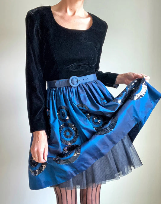 Vintage Liz Clairborne Parth Dress with Sequine Taffeta Skirt and Matching Belt