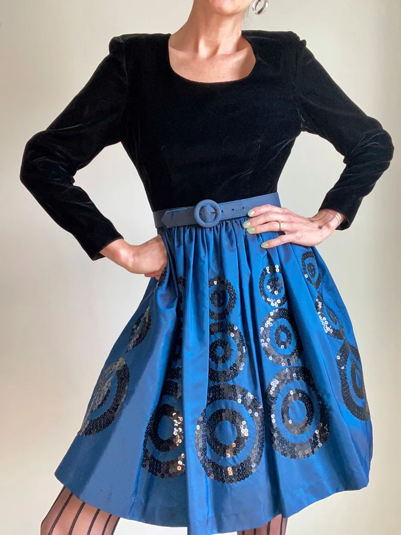 Vintage Liz Clairborne Parth Dress with Sequine Taffeta Skirt and Matching Belt