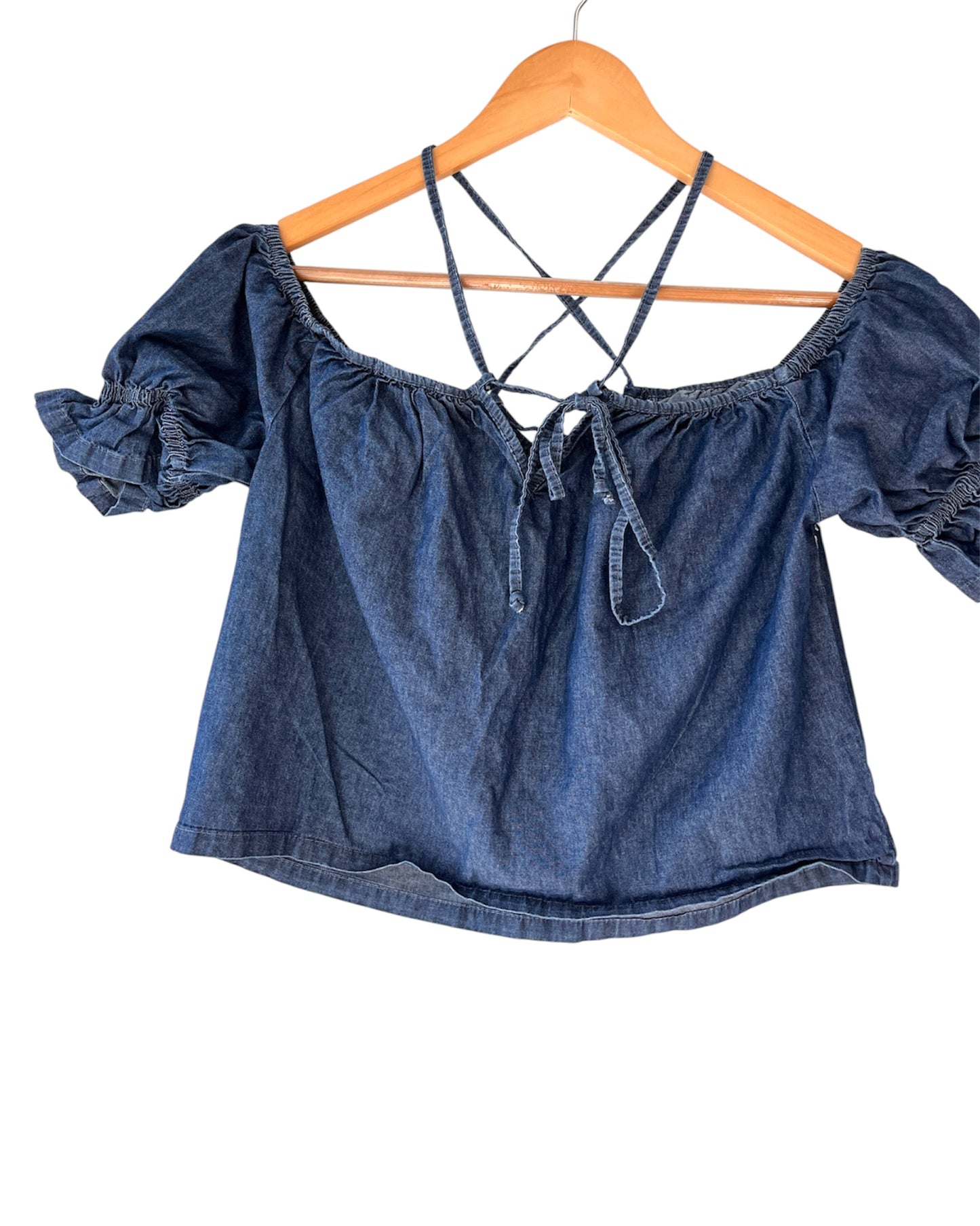 Off Shoulder Strappy Denim Embroidered Blouse