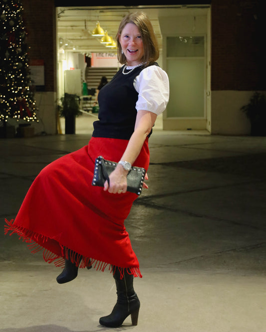 Vintage Red Wool Blend Maxi Skirt with tassel hem