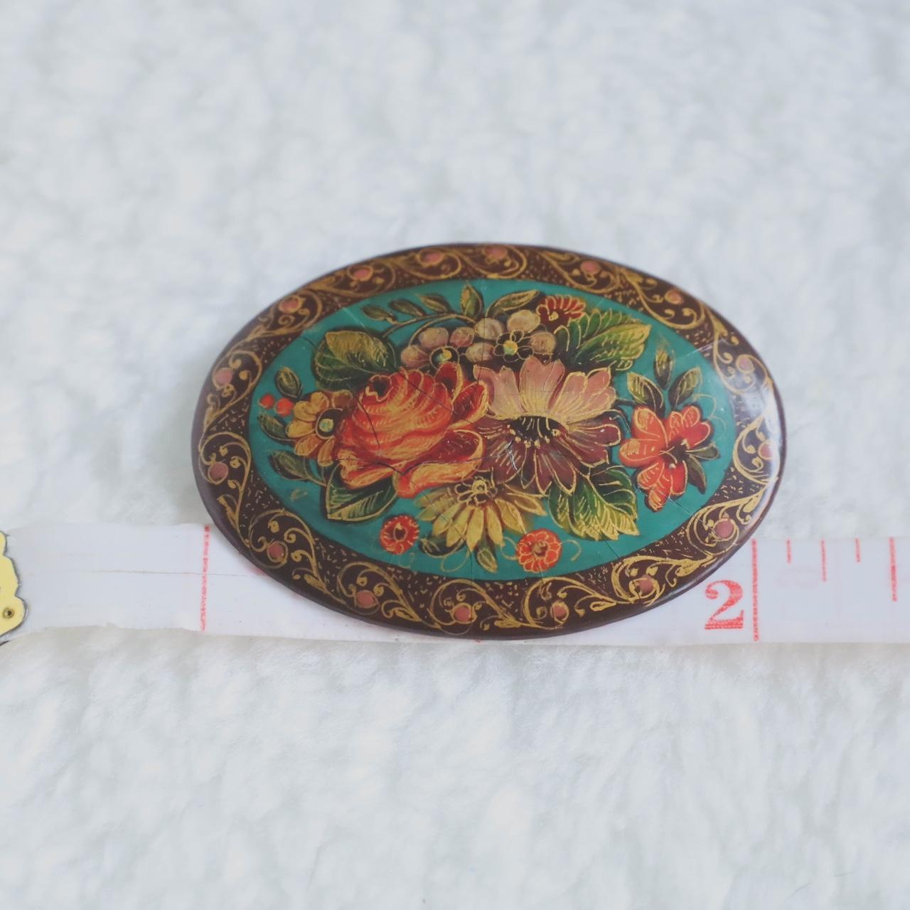 Hand Painted Black Lacquer Floral Brooch