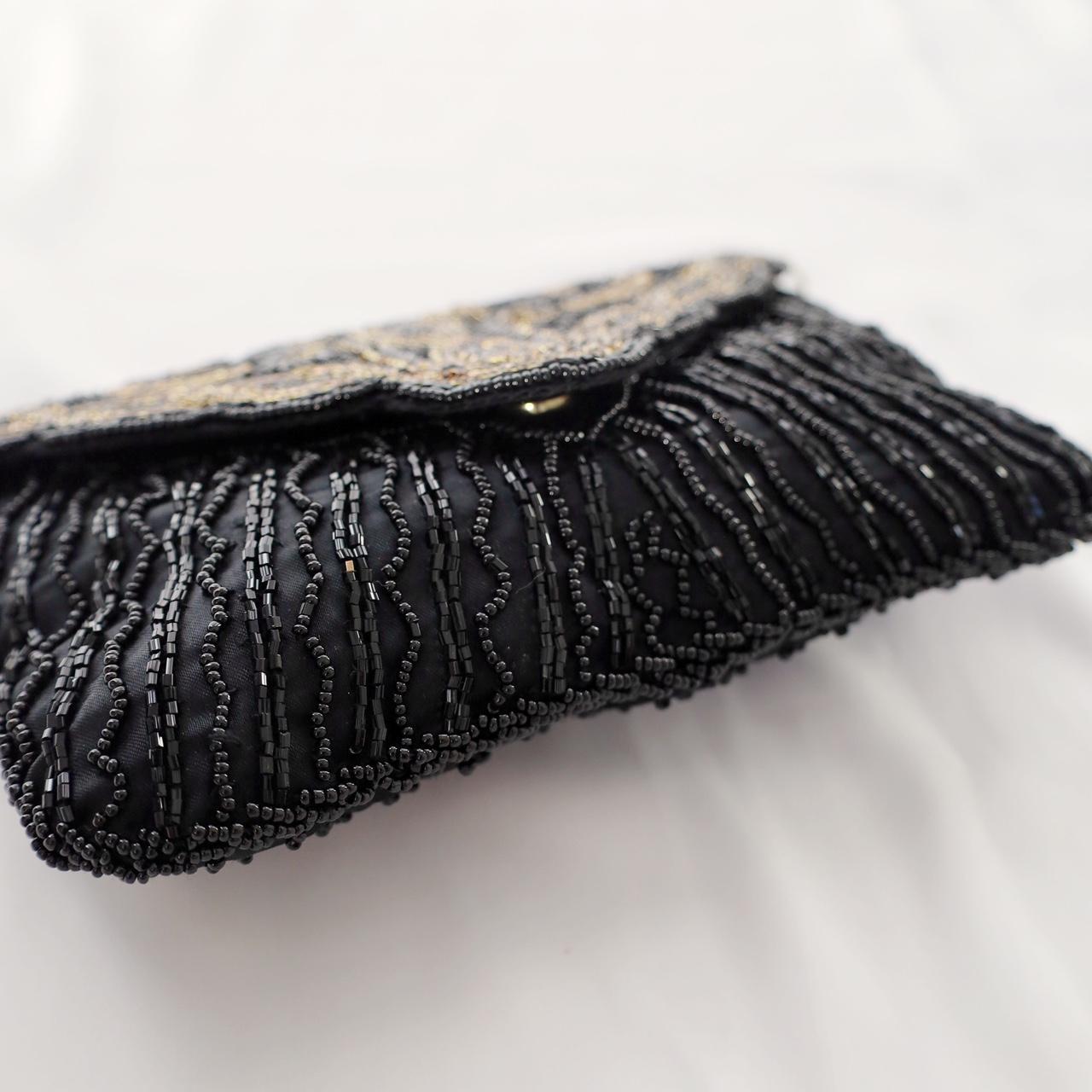 Black & Gold Beaded Evening Bag with Gold Strap Vintage