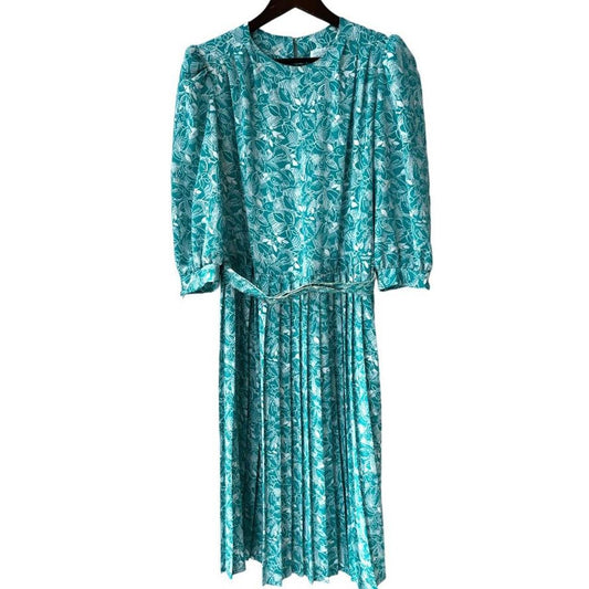 80s Vintage Printed Midi Dress with Accordion Pleated Skirt and Matching Belt