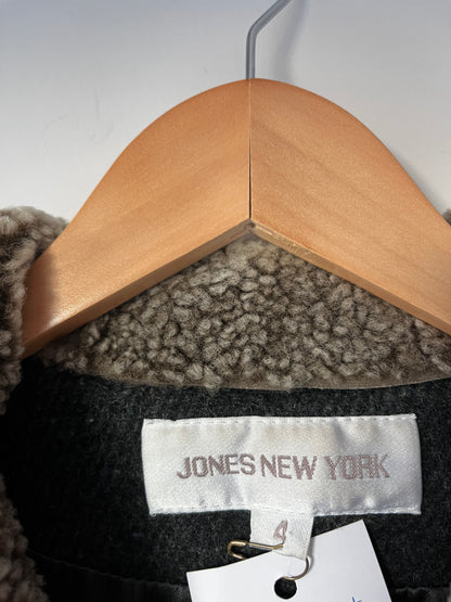 Jones New York Full Length Overcoat - Gray with Sherpa Collar + Pockets