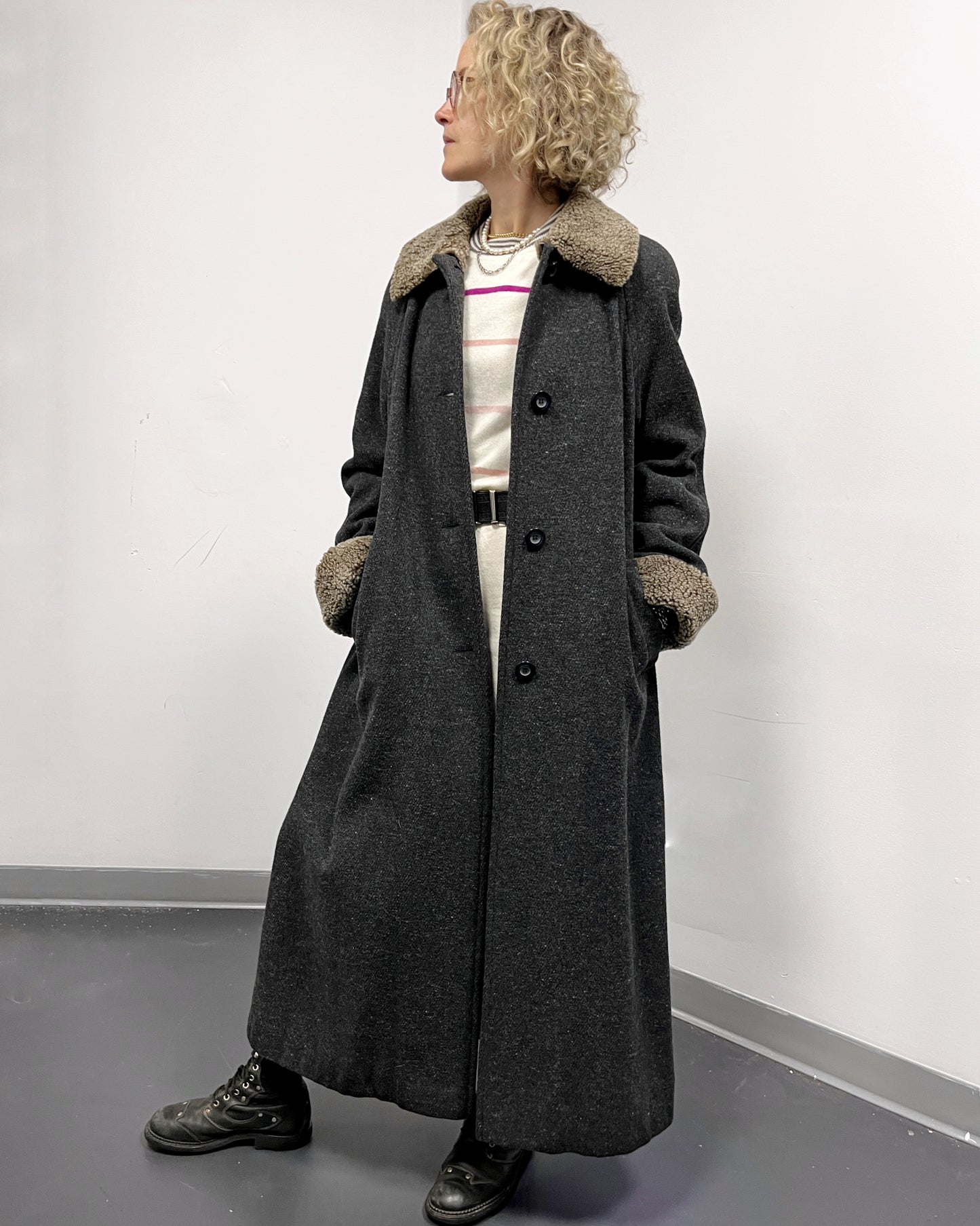 Jones New York Full Length Overcoat - Gray with Sherpa Collar + Pockets