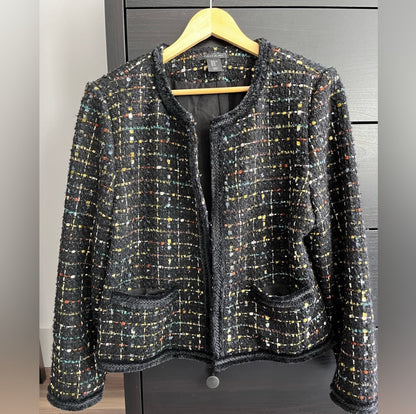 Tahari Black Collarless Tweed Blazer