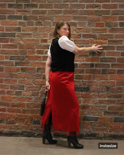 Vintage Red Wool Blend Maxi Skirt with tassel hem