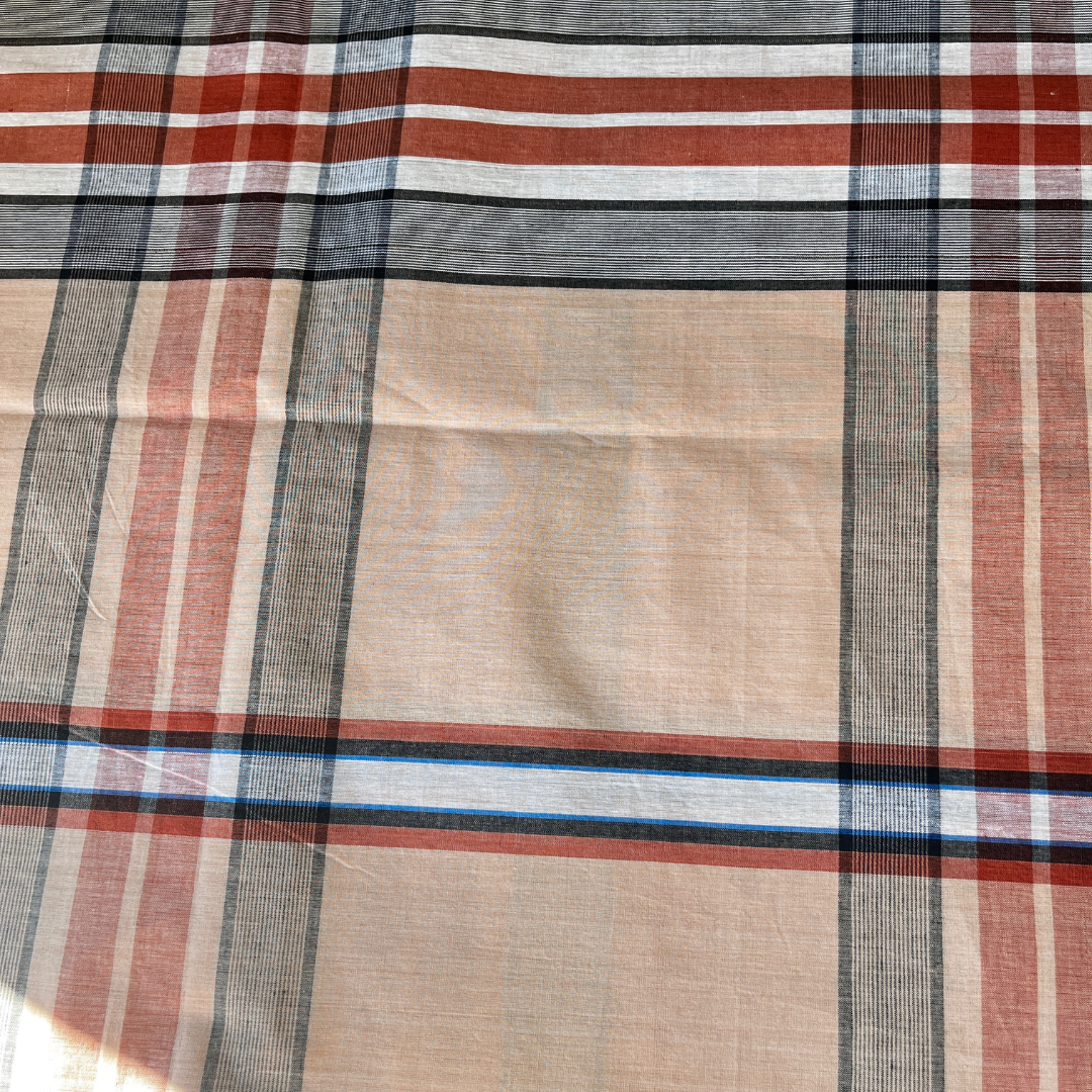 Handloom Lungi Fabric - Yarn Dyed - Brown Beige Plaid 100% Cotton