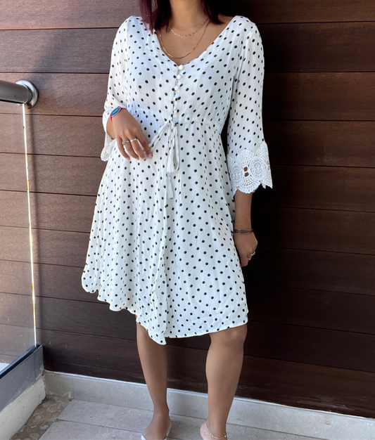 Cream White & Black Polkadot Dress Lace trim
