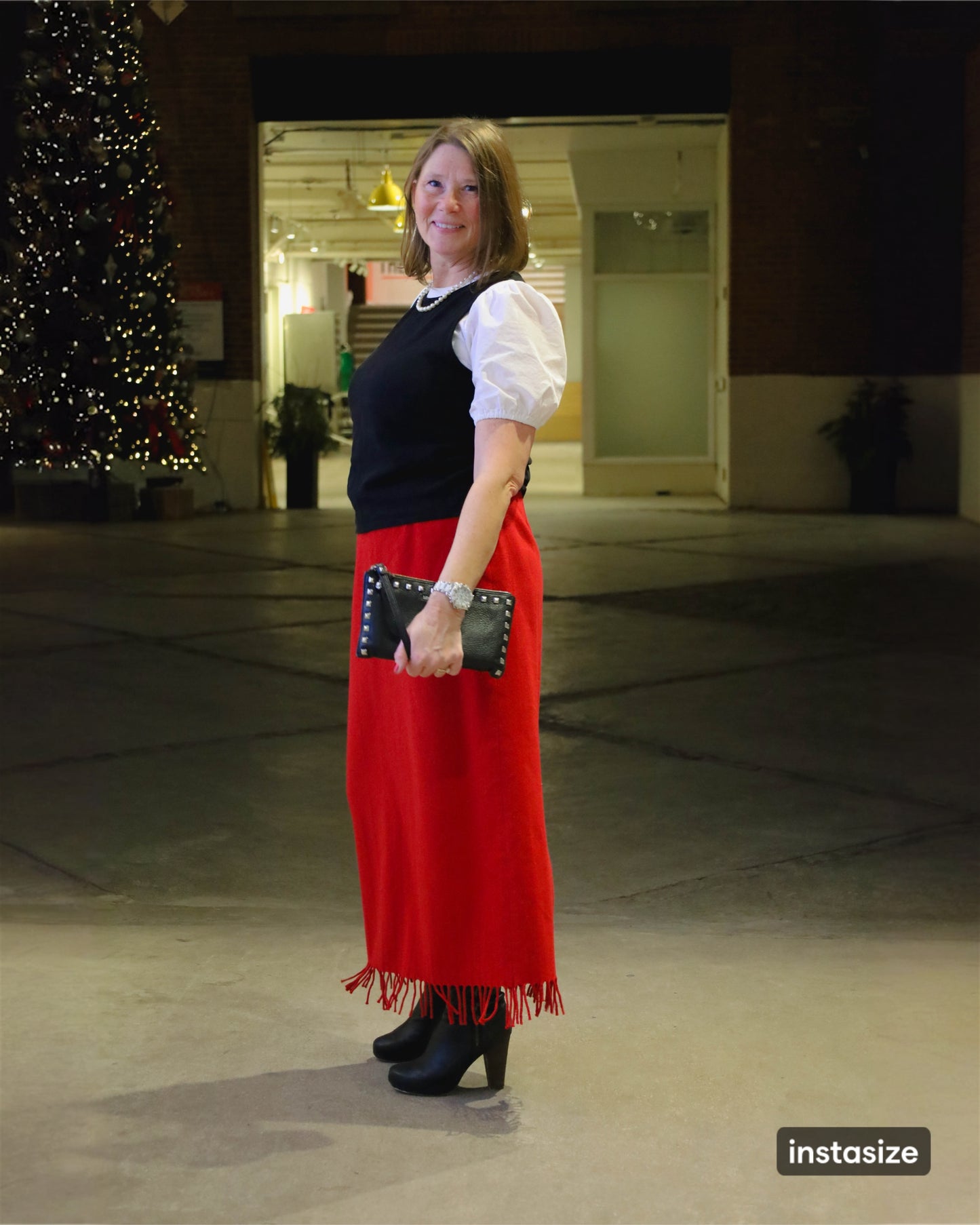 Vintage Red Wool Blend Maxi Skirt with tassel hem