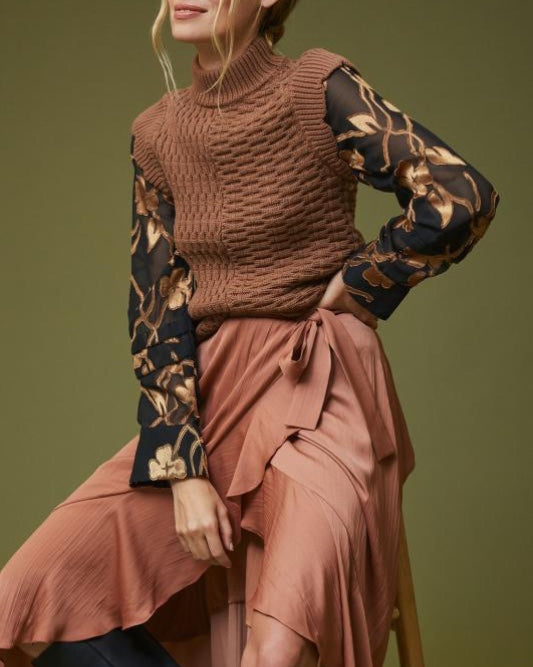 Anthropologie Current Air Floral Contrast Turtleneck Top