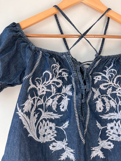 Off Shoulder Strappy Denim Embroidered Blouse