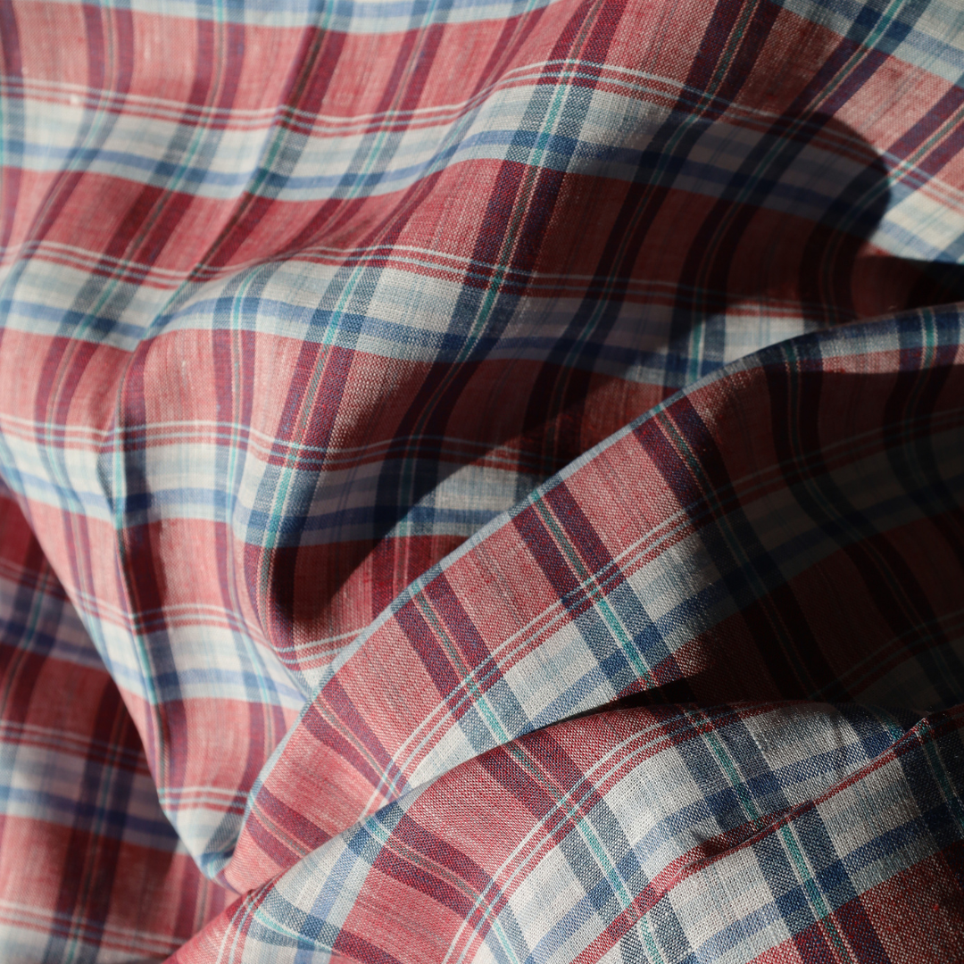 Pink and Blue Check Linen Blend Fabric Tablecloth