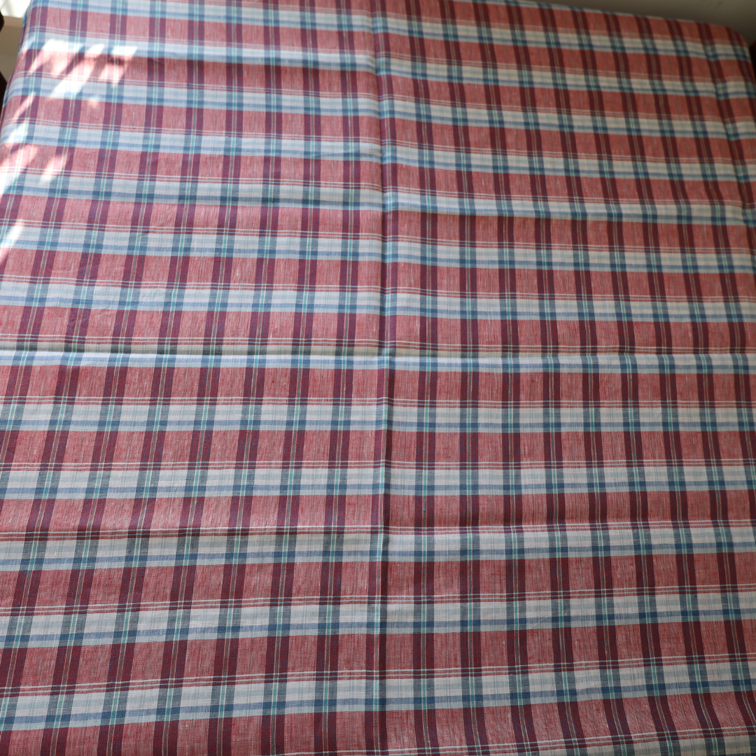 Pink and Blue Check Linen Blend Fabric Tablecloth