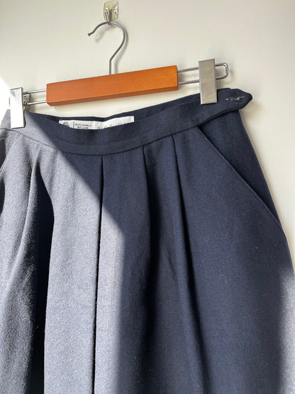 Vintage Pleated Worsted Wool Midi Skirt with Pockets - Navy