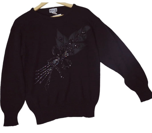 Vintage Black Leaf & Bow Sequin Jumper