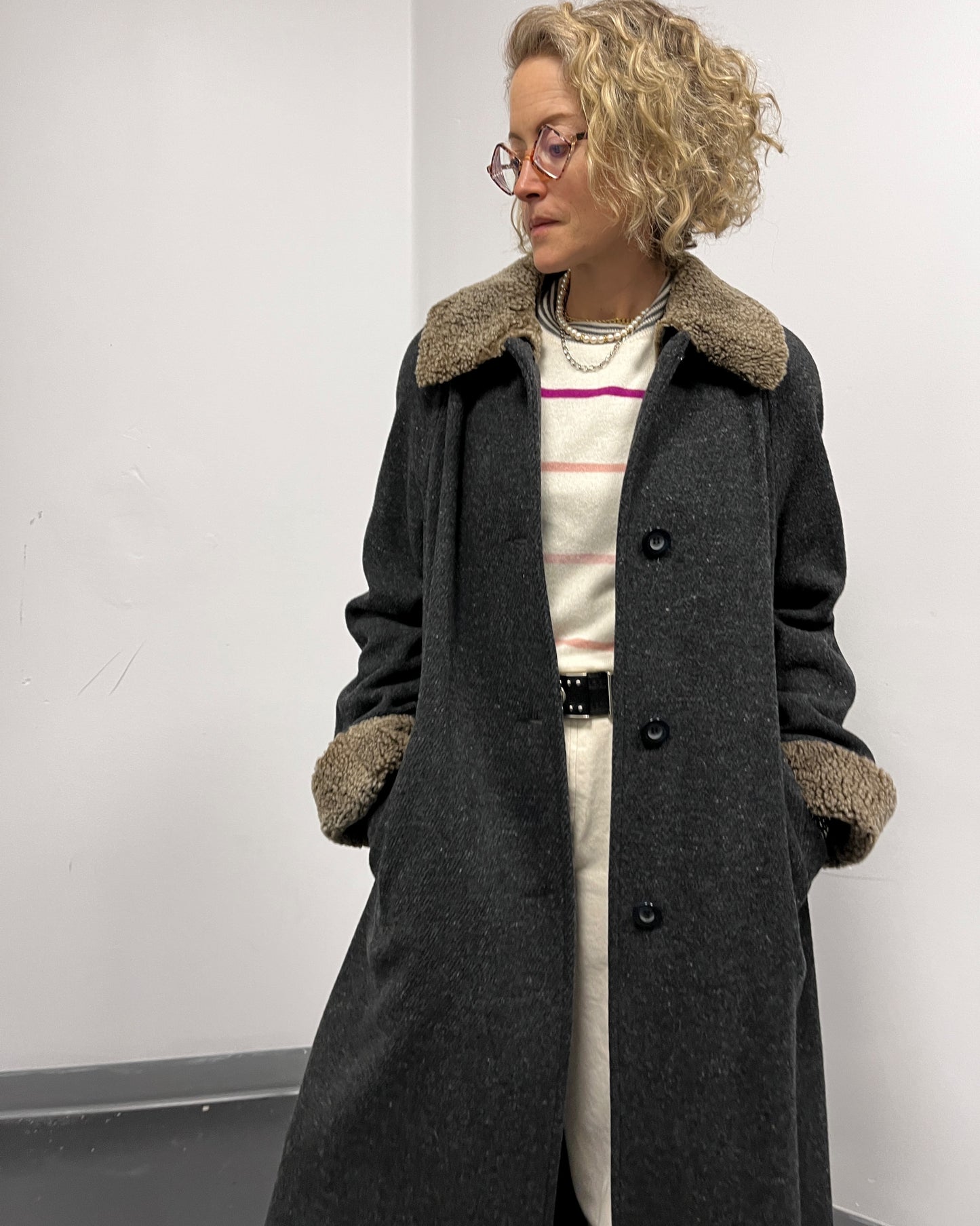 Jones New York Full Length Overcoat - Gray with Sherpa Collar + Pockets