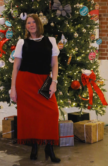 Vintage Red Wool Blend Maxi Skirt with tassel hem