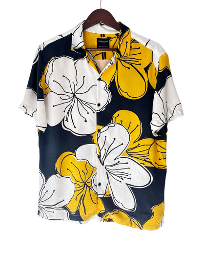 Denim and Flower Floral Motif Shirt - Men’s Large