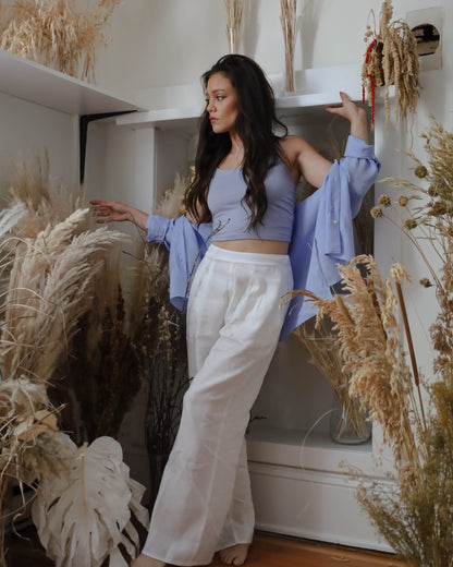 Flax Linen Wide Leg Pleated Pants - White