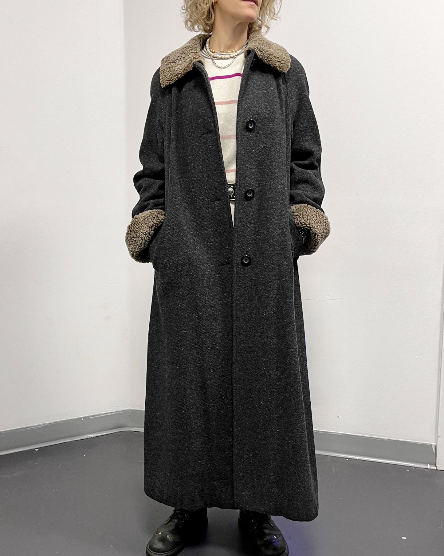 Jones New York Full Length Overcoat - Gray with Sherpa Collar + Pockets