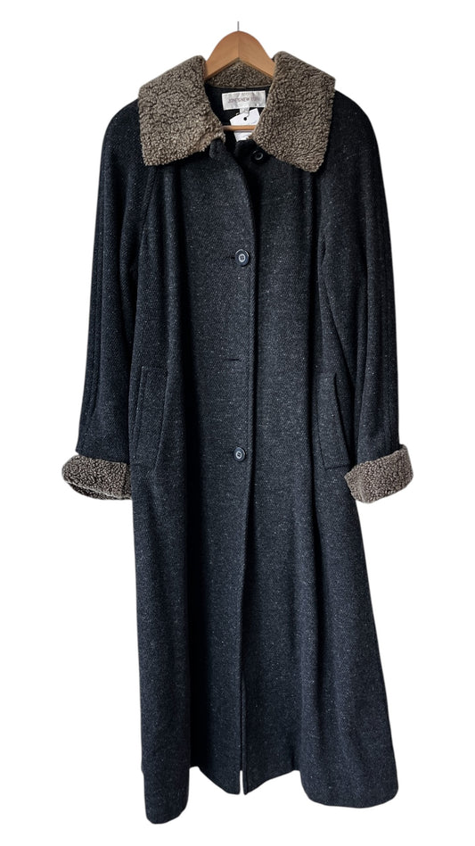 Jones New York Full Length Overcoat - Gray with Sherpa Collar + Pockets