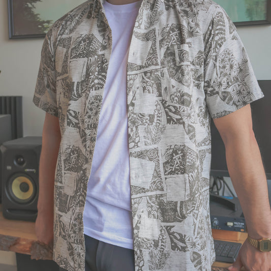 Grey and White Cotton Hand-print Half Sleeve Shirt - Men’s