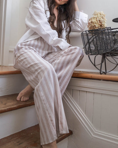 Striped Linen Lounge Pants - White and Beige (size L)