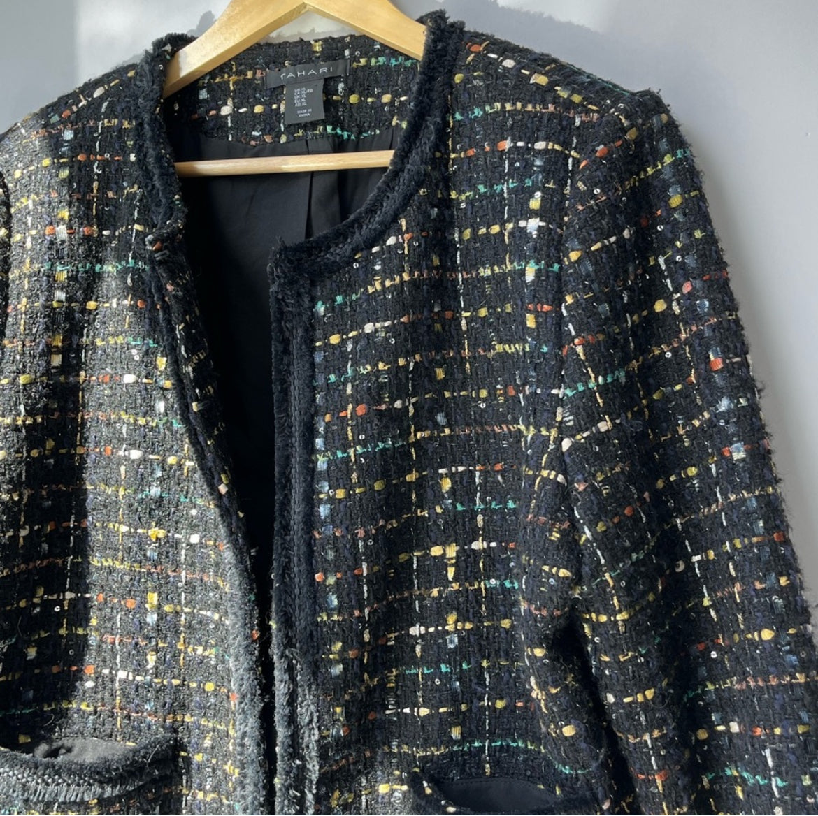 Tahari Black Collarless Tweed Blazer