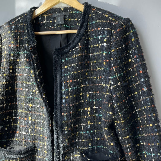 Tahari Black Collarless Tweed Blazer