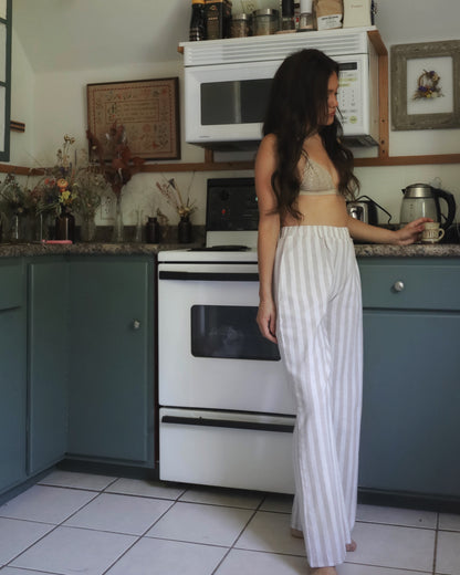 Striped Linen Lounge Pants - White and Beige (size L)