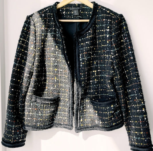 Tahari Black Collarless Tweed Blazer