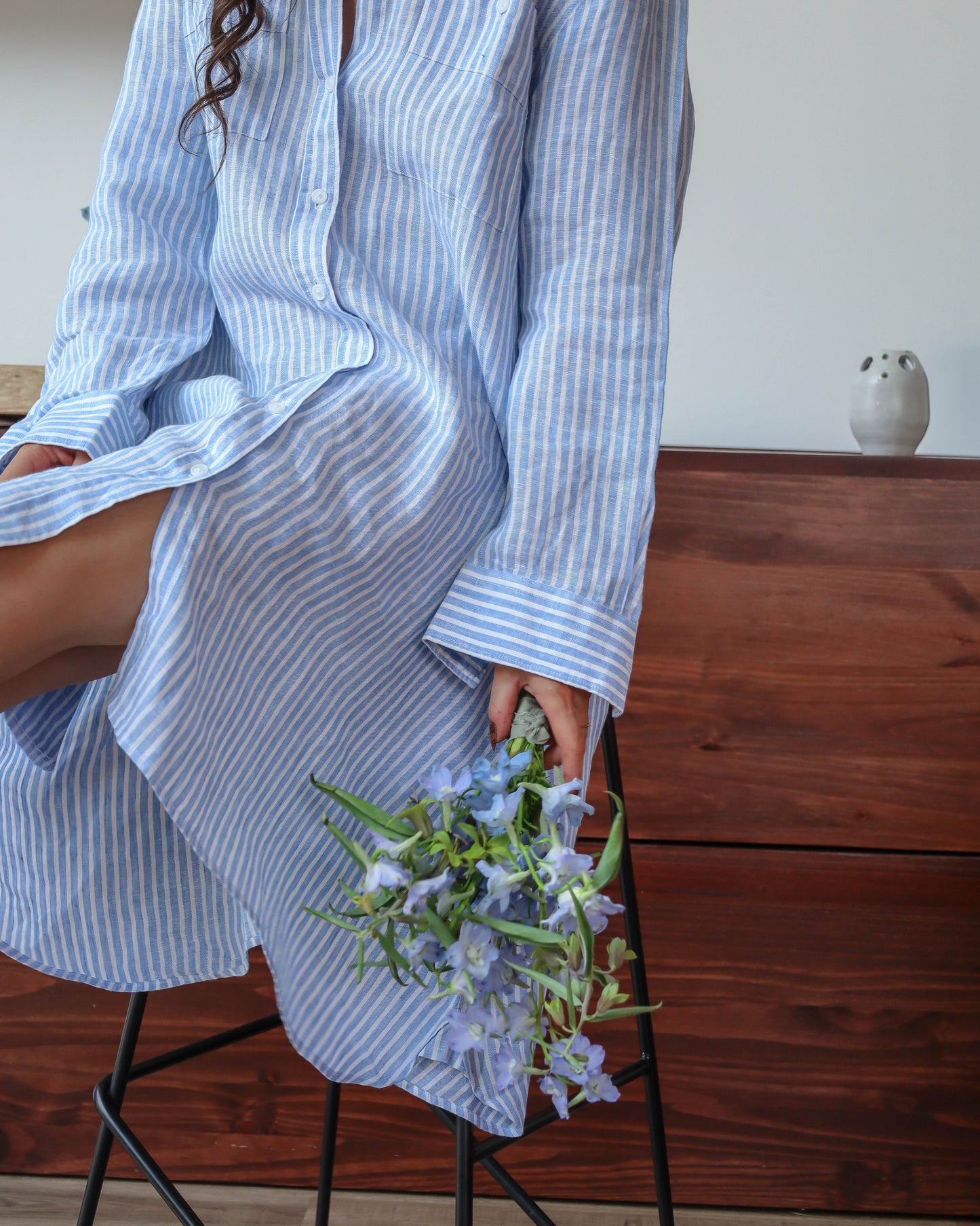 Akashi Linen Shirt Dress - Blue White Stripe
