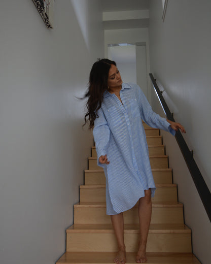 Akashi Linen Shirt Dress - Blue White Stripe
