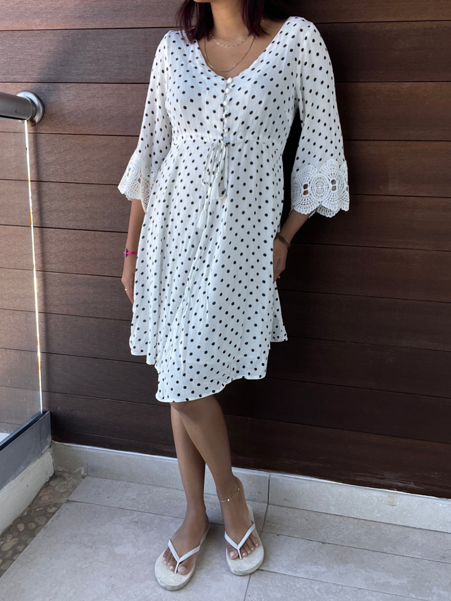 Cream White & Black Polkadot Dress Lace trim