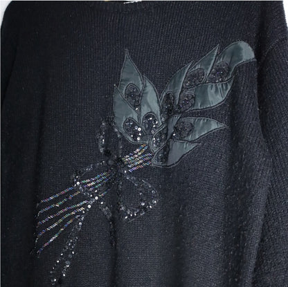 Vintage Black Leaf & Bow Sequin Jumper