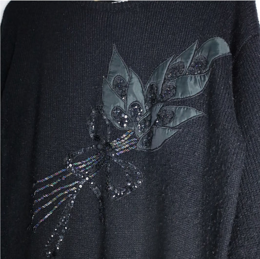 Vintage Black Leaf & Bow Sequin Jumper