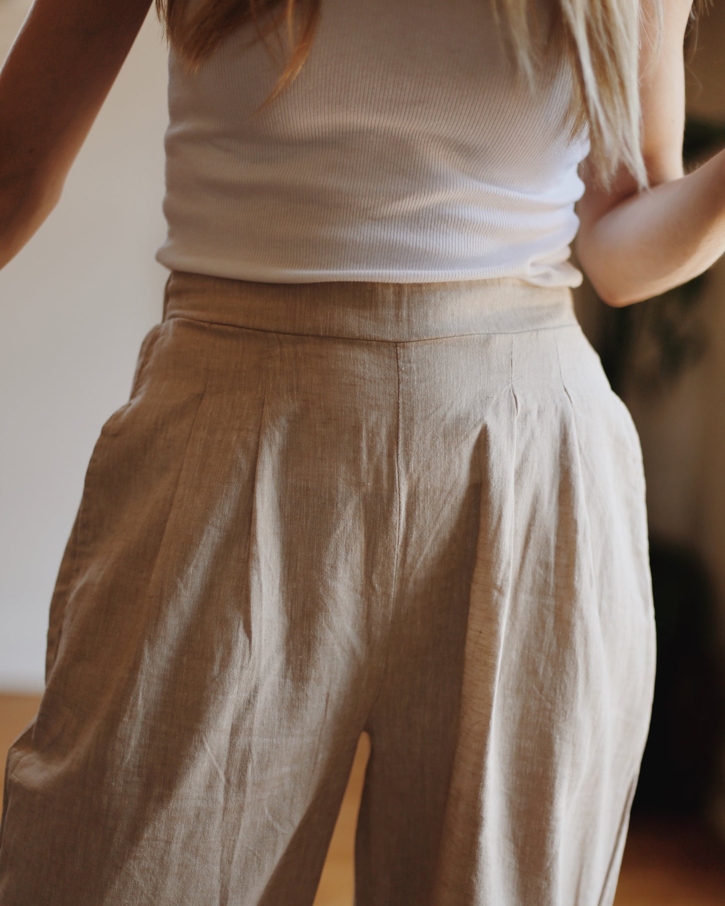Wide Leg Linen Pants - Beige