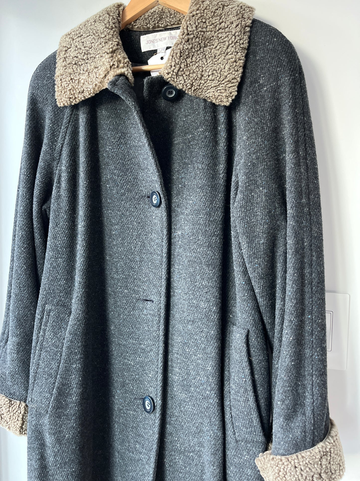 Jones New York Full Length Overcoat - Gray with Sherpa Collar + Pockets