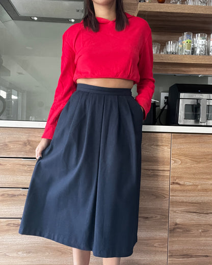 Vintage Pleated Worsted Wool Midi Skirt with Pockets - Navy